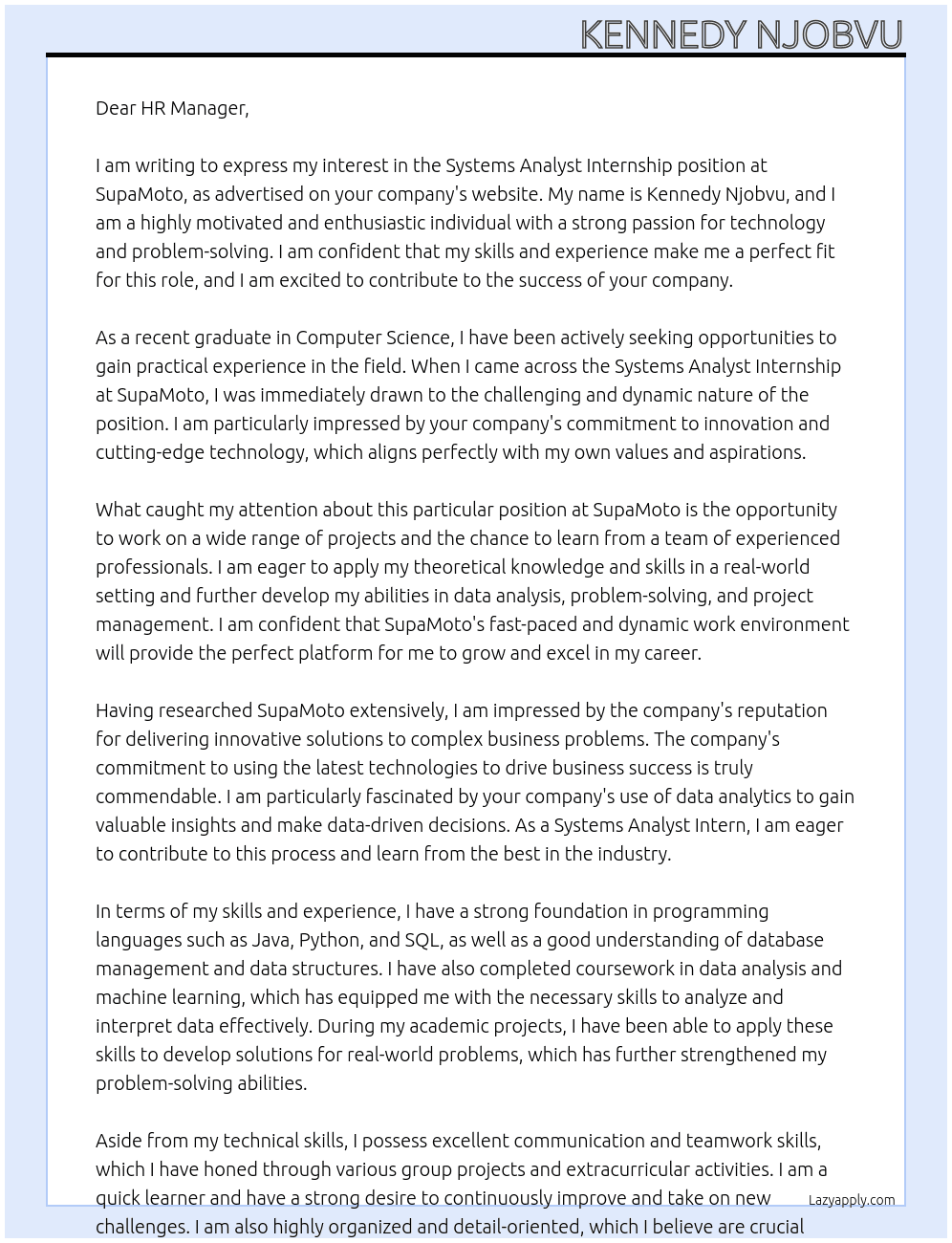 Systems Analyst Internship At SupaMoto Cover Letter