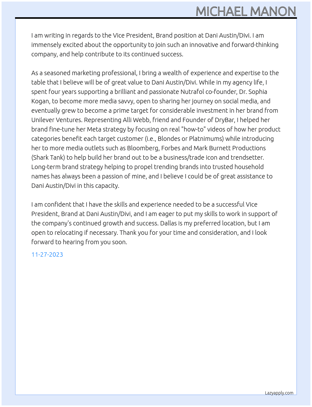 Vice President, Brand At Dani Austin/Divi Cover Letter