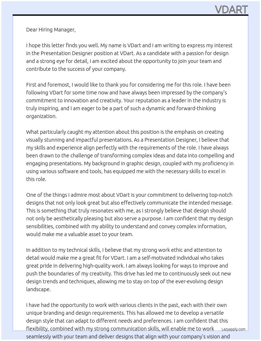 Presentation designer At VDart Cover Letter