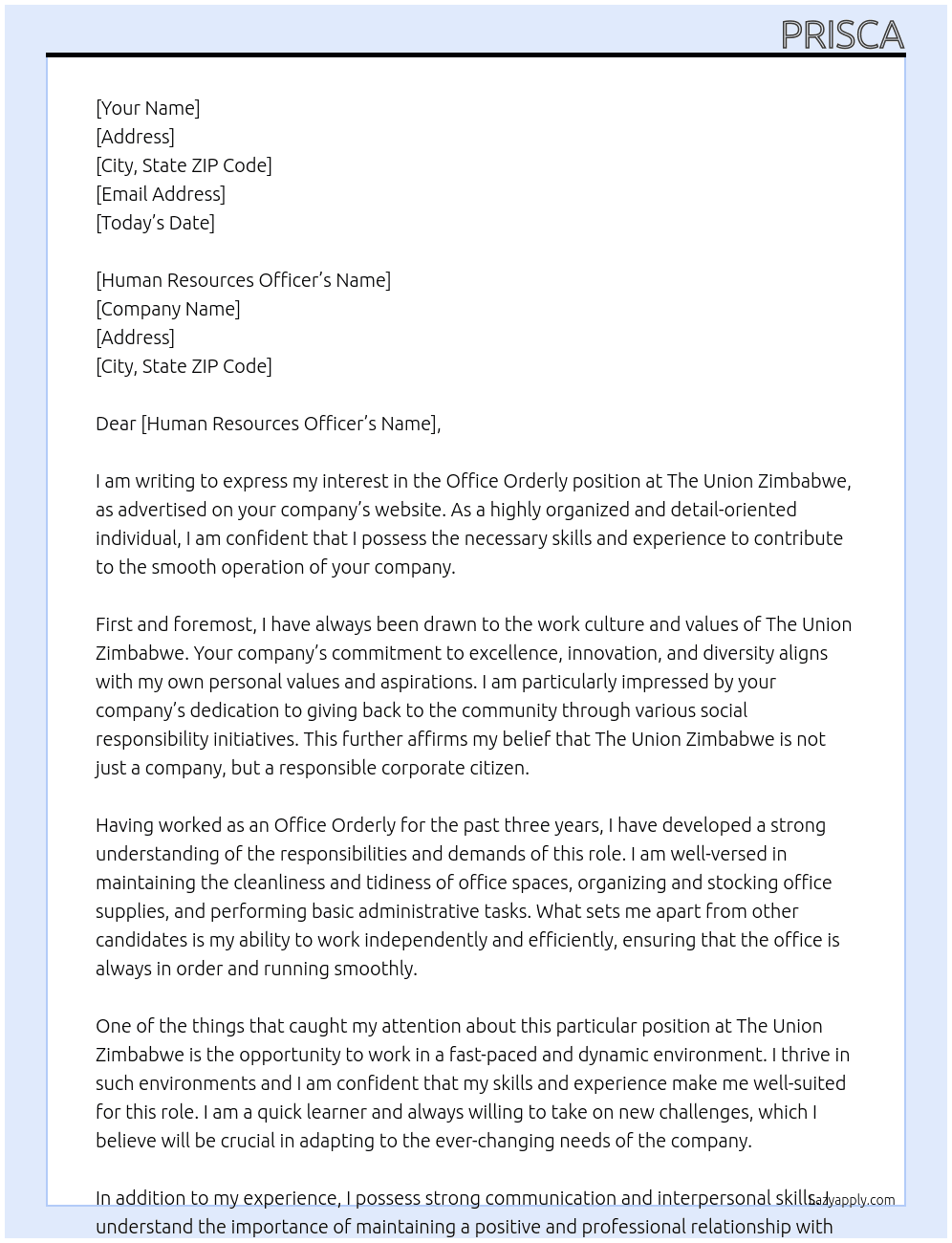 Office orderly At The Union Zimbabwe Cover Letter