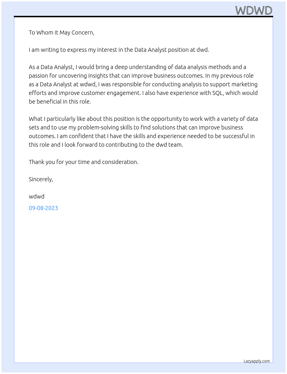 Data Analyssdw At dwd Cover Letter