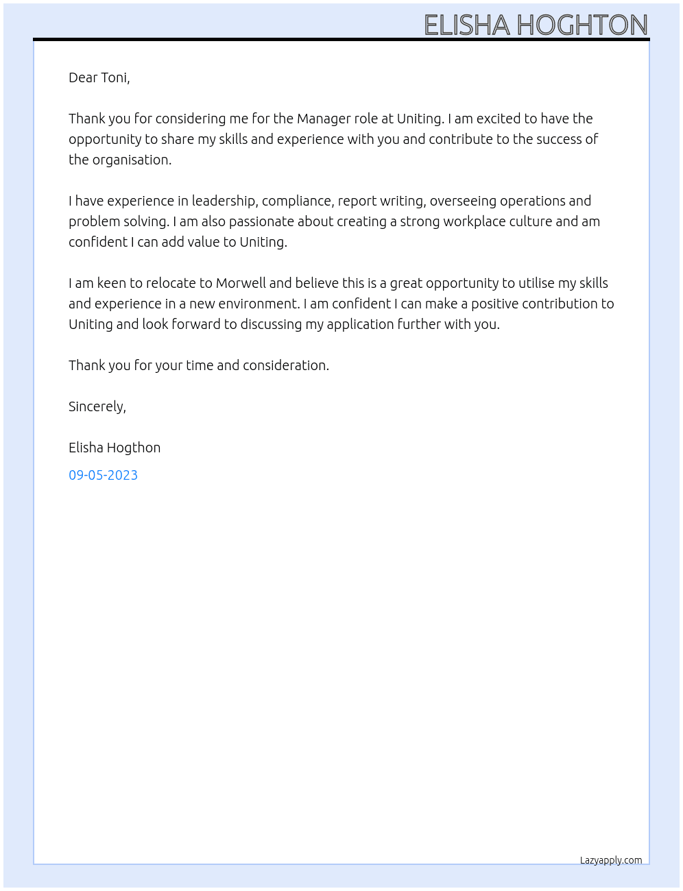 MANAGER At UNITING  Cover Letter