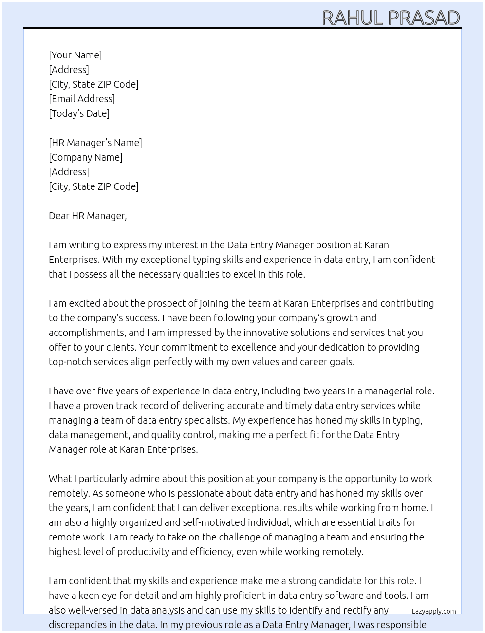 Data Entry At Karan Enterprises Cover Letter