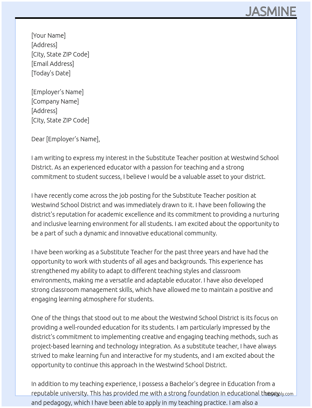 substitute teacher At Westwind School District Cover Letter