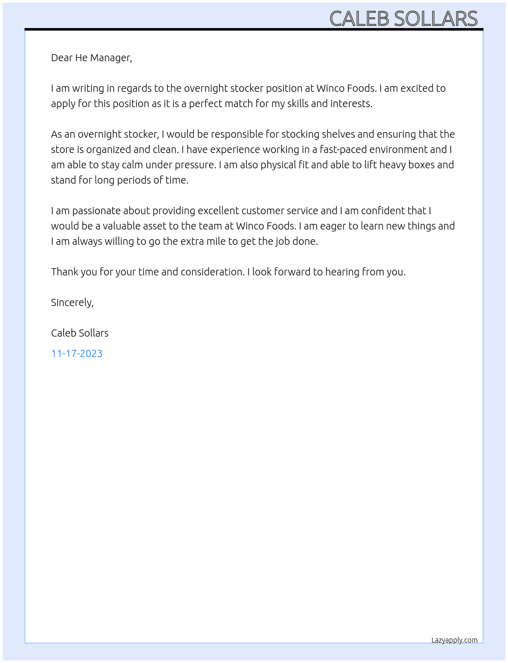 Overnight Stocker At Winco Foods Cover Letter