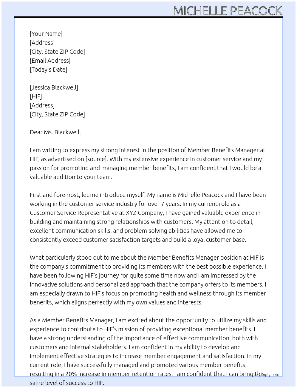 Member benefits Manager  At HIF Cover Letter