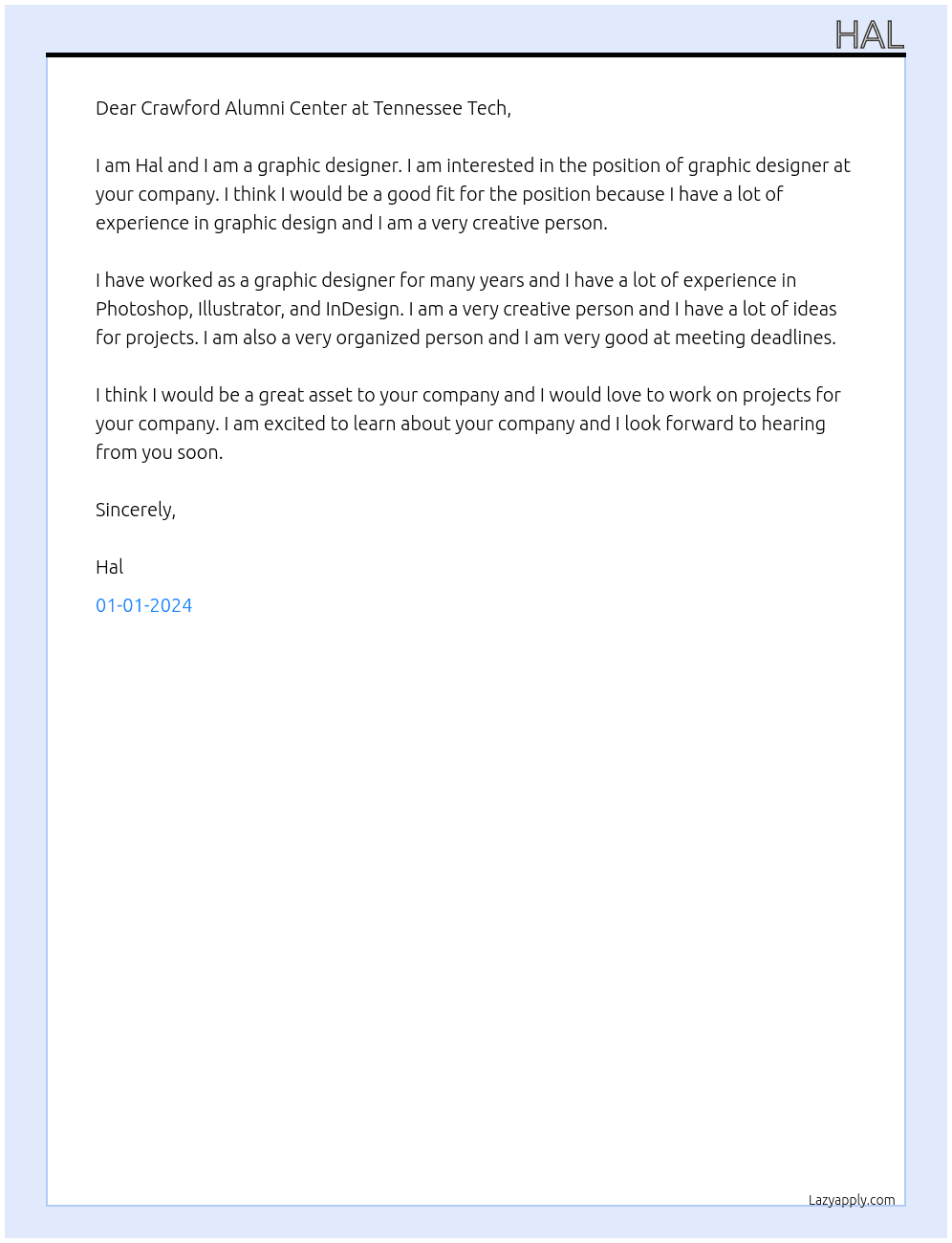 graphic designer At Crawford Alumni Center at Tennessee Tech Cover Letter