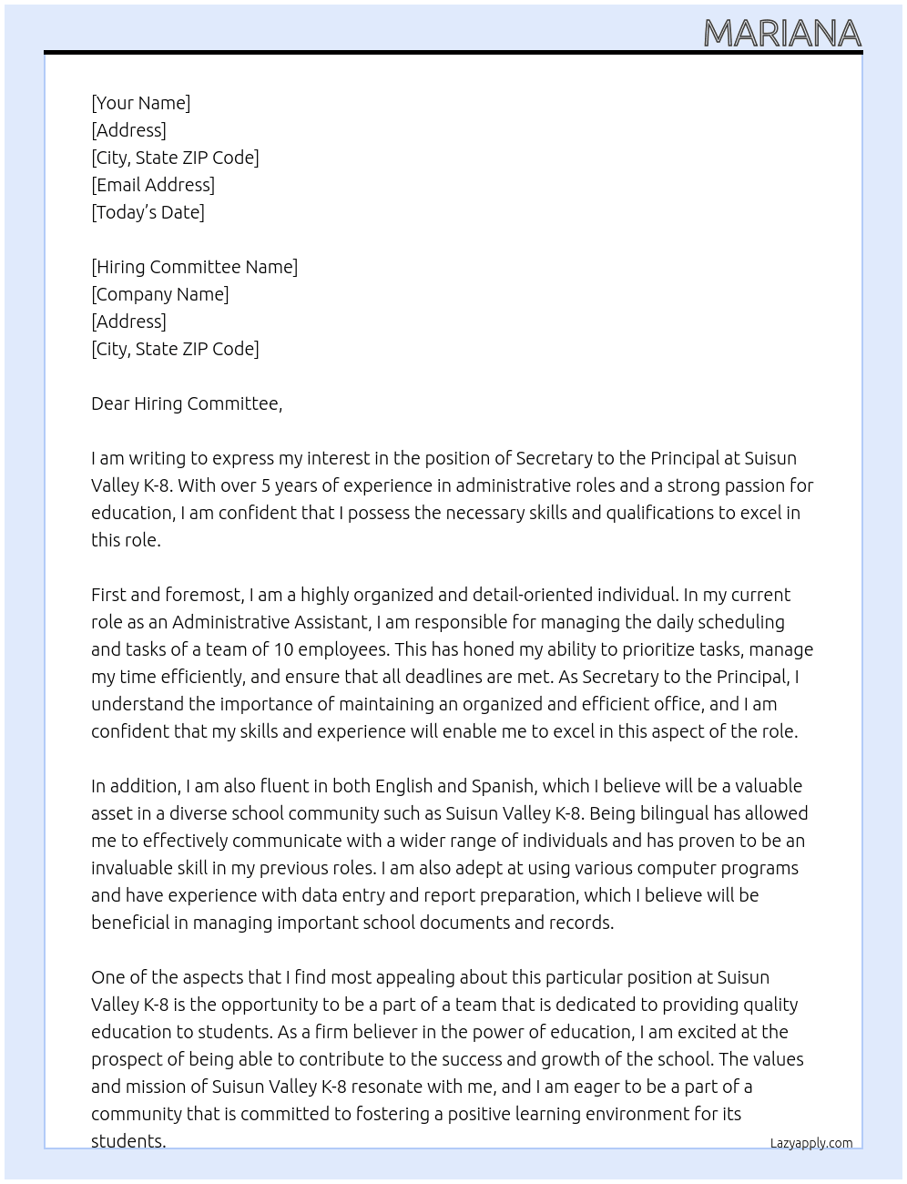 Secretary to the Prinicipal At Suisun Valley K-8 Cover Letter