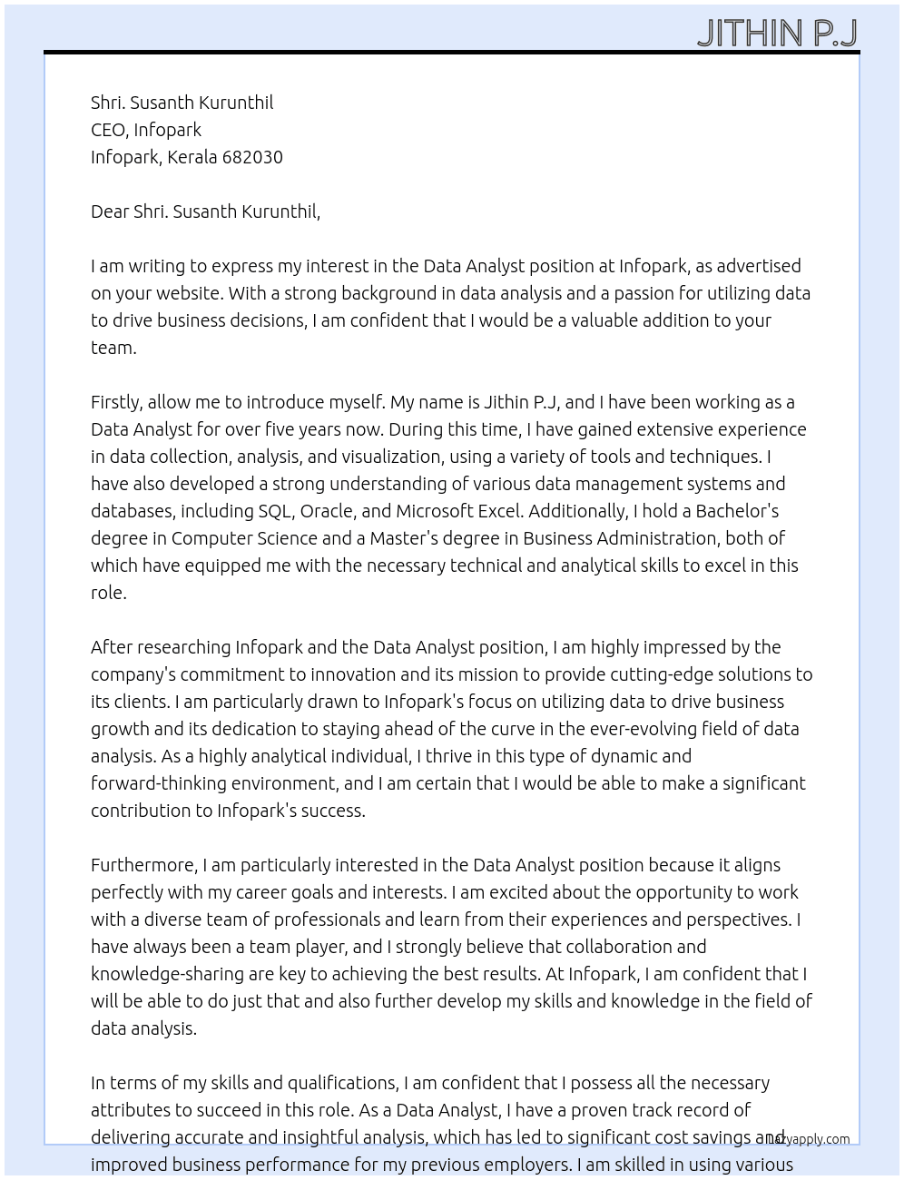 data analyst At Infopark Cover Letter