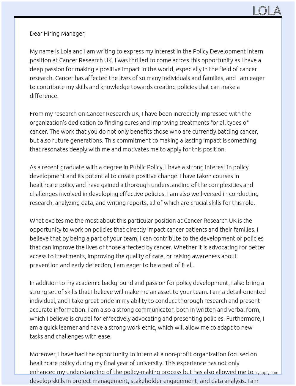 Policy development intern At cancer research uk Cover Letter