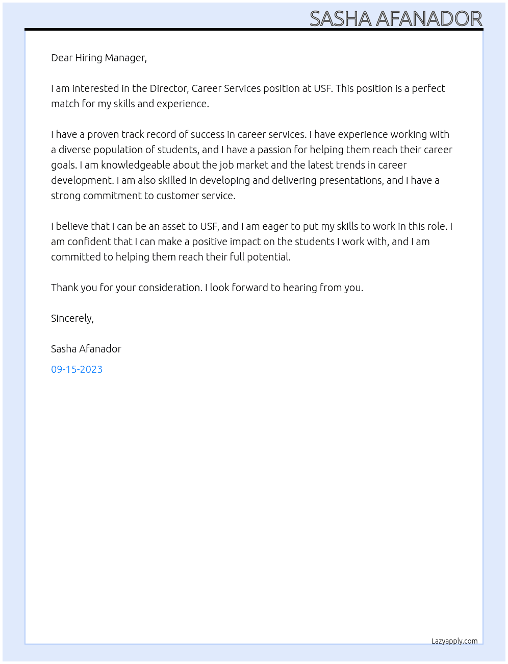 Director, Career Services At USF Cover Letter