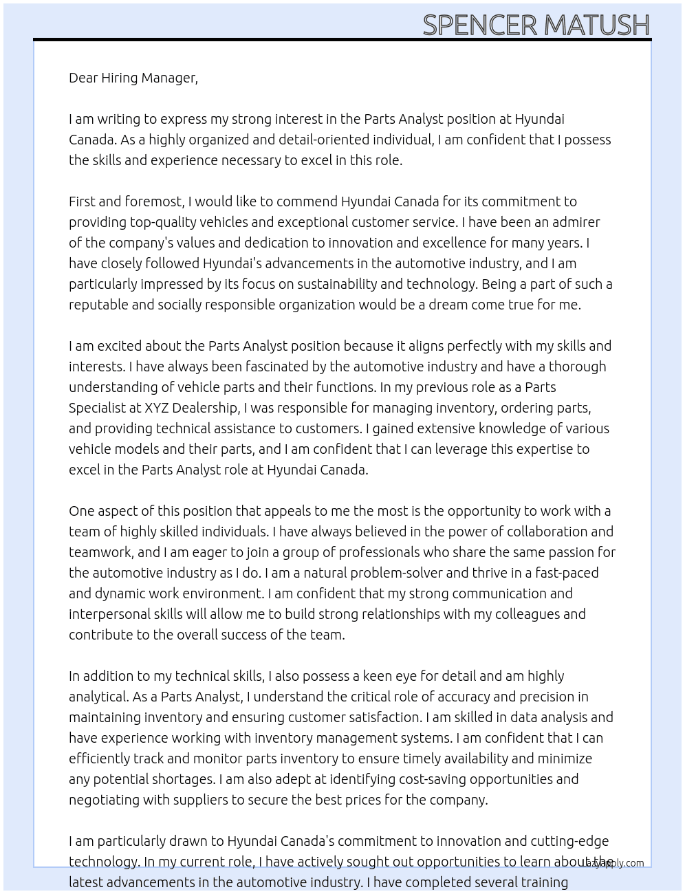 Parts Analyst At Hyundai Canada Cover Letter