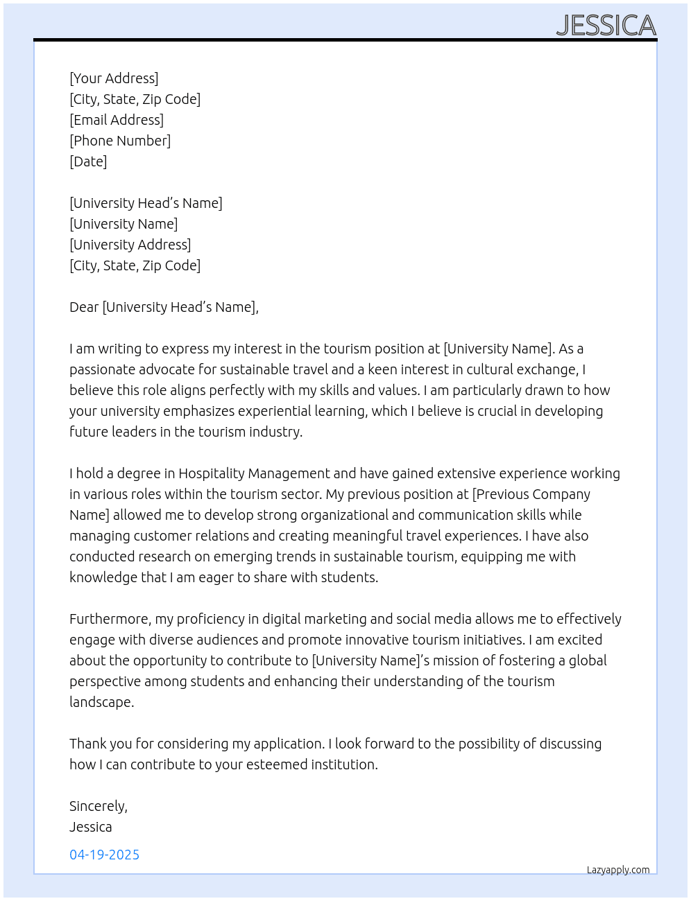 tourism At applying for university Cover Letter