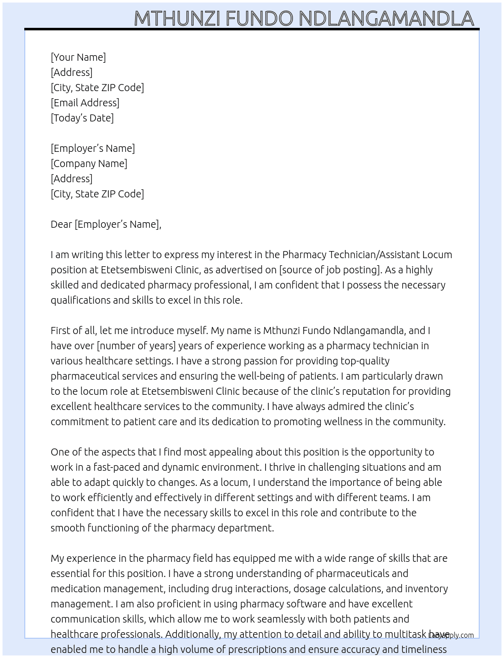 Pharmacy Technician/assistant locum At Etetsembisweni Clinic  Cover Letter