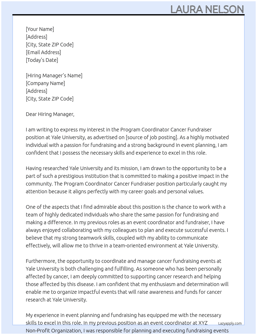 Program Coordinator Cancer Fundraiser At Yale University Cover Letter