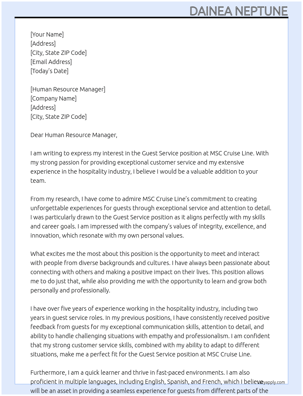 guest service At MSC Cruise Line Cover Letter