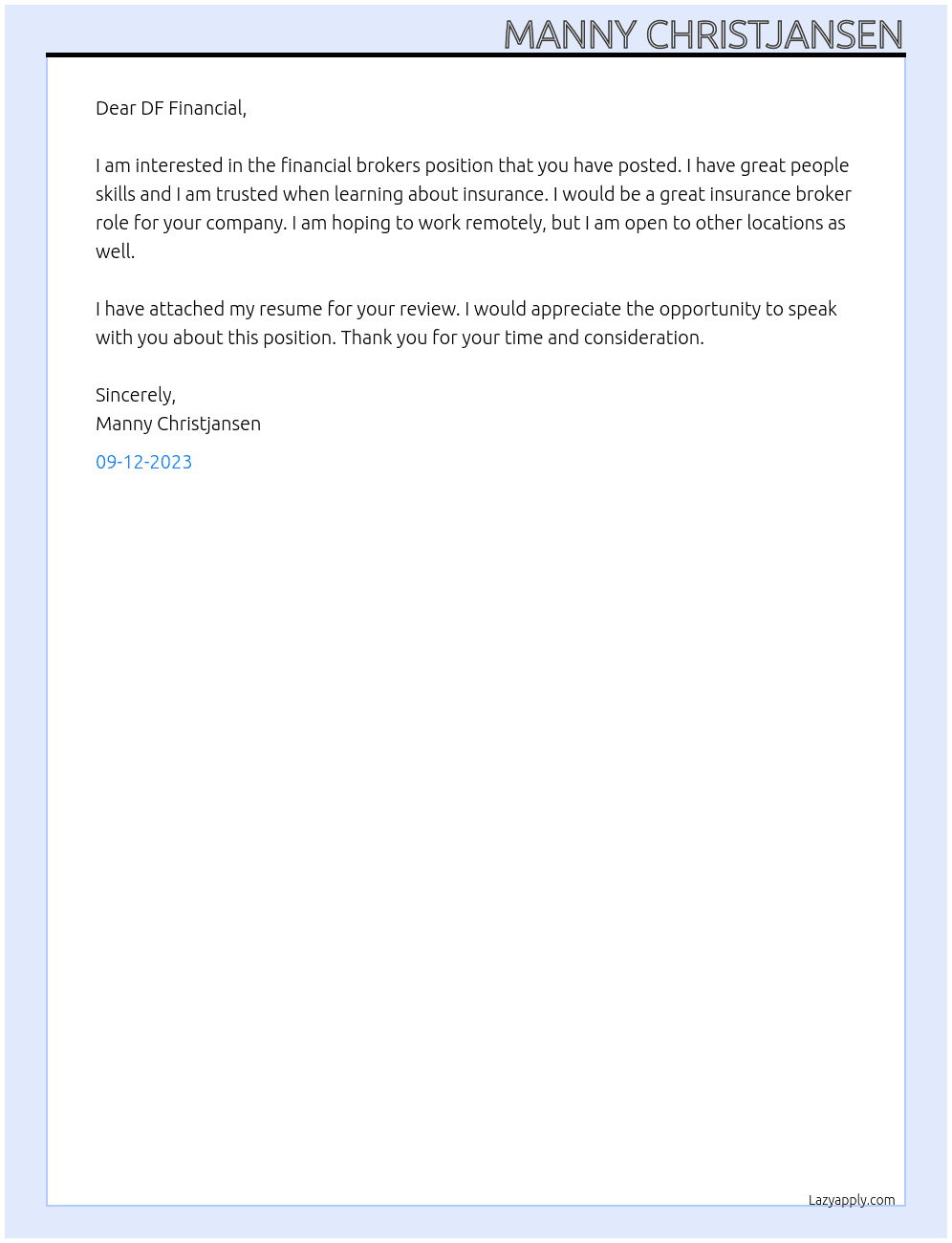 financial brokers At DF Financial Cover Letter