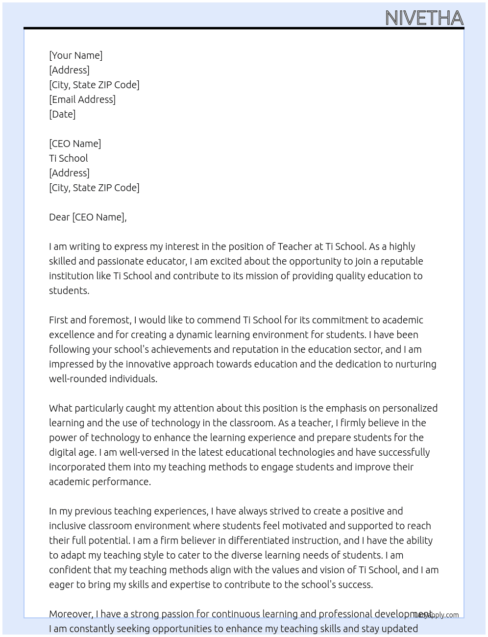Teacher At Ti School Cover Letter