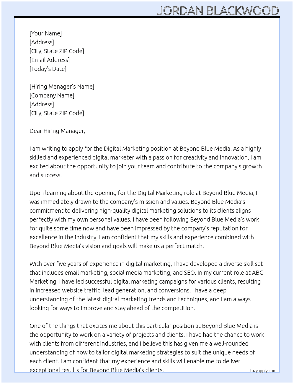 Digital Marketing At Beyond Blue Media Cover Letter
