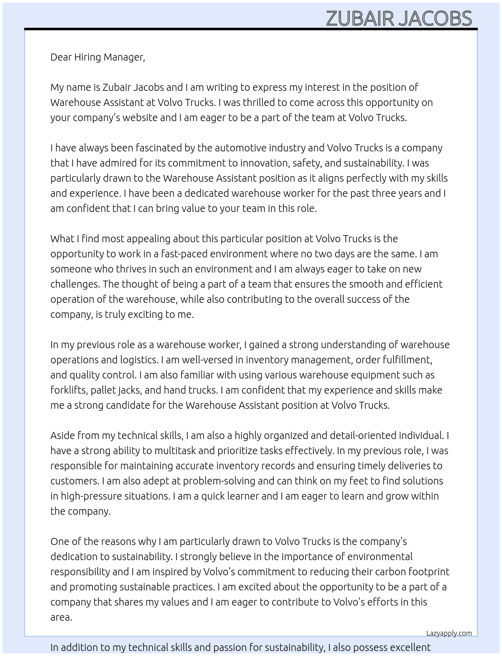 Warehouse assistant  At Volvo trucks Cover Letter