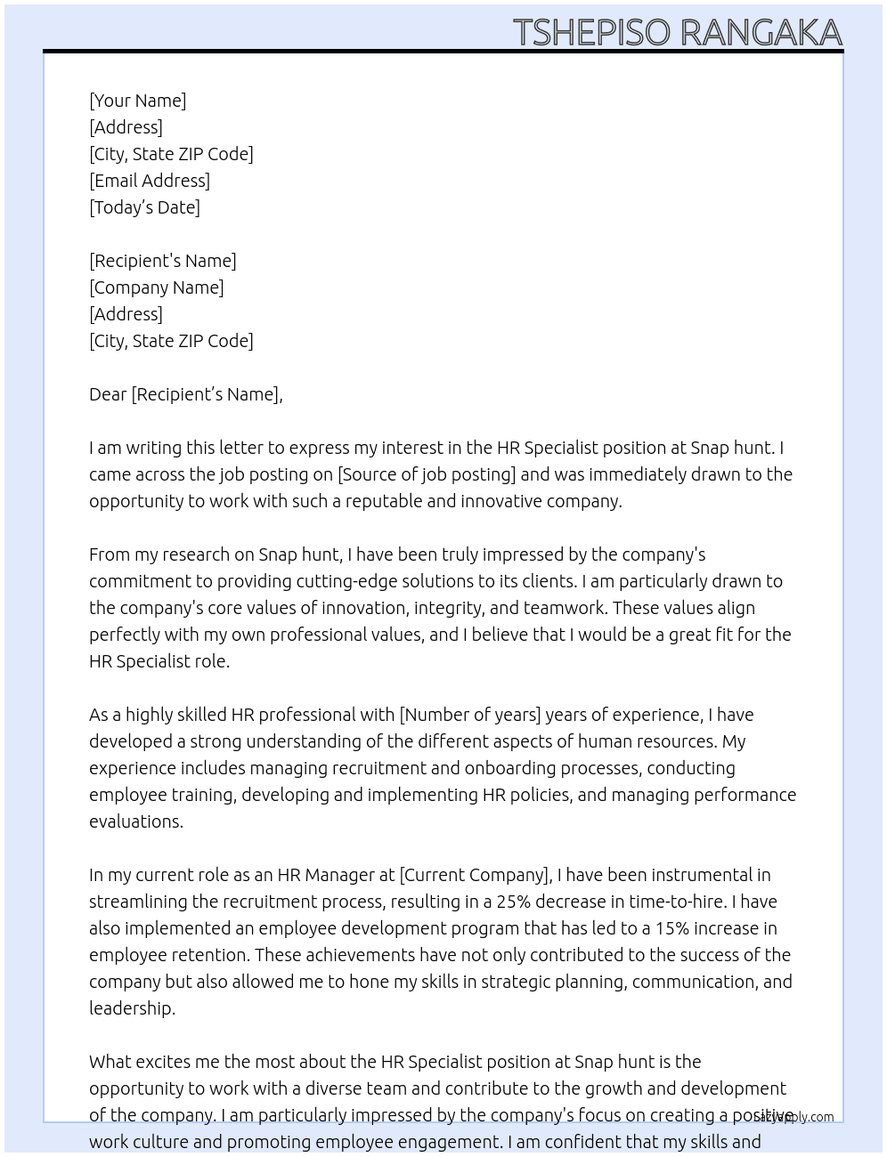 HR Specialist  At Snap hunt Cover Letter