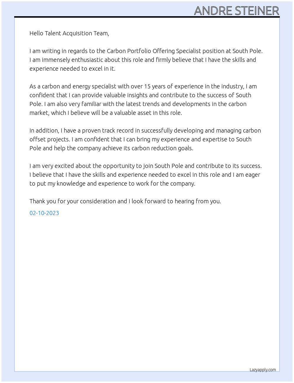 Carbon Portfolio Offering Specialist At South Pole Cover Letter