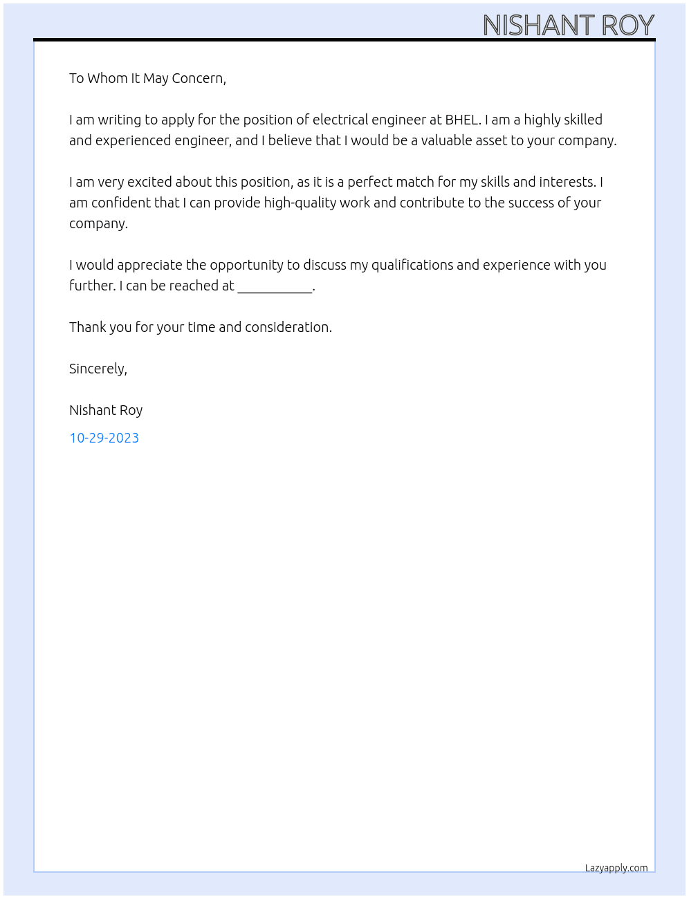 electrical engineer At bhel Cover Letter