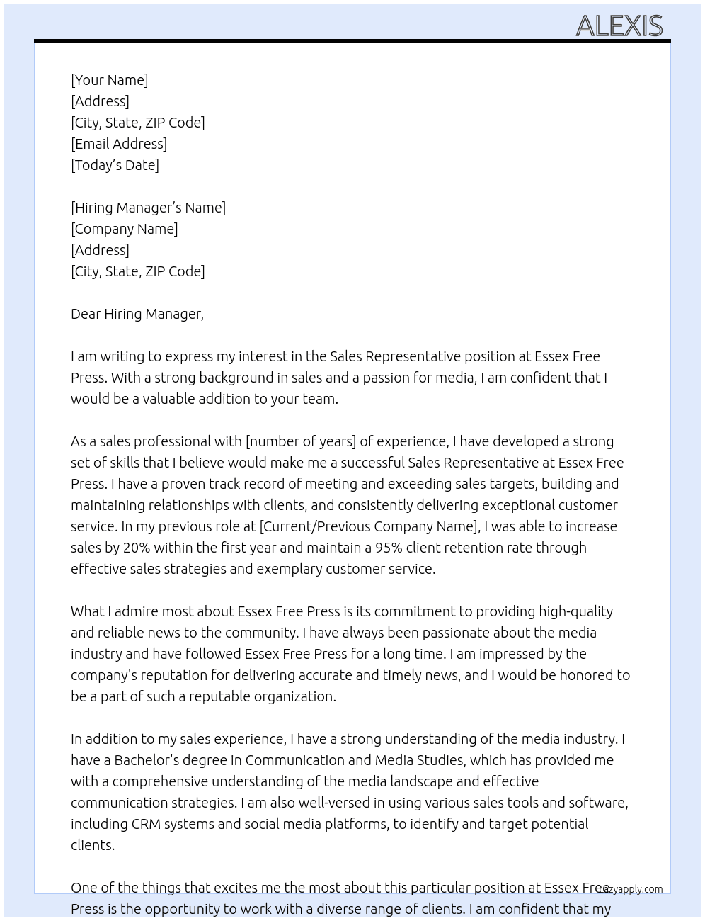 Sales Representative  At Essex Free Press  Cover Letter