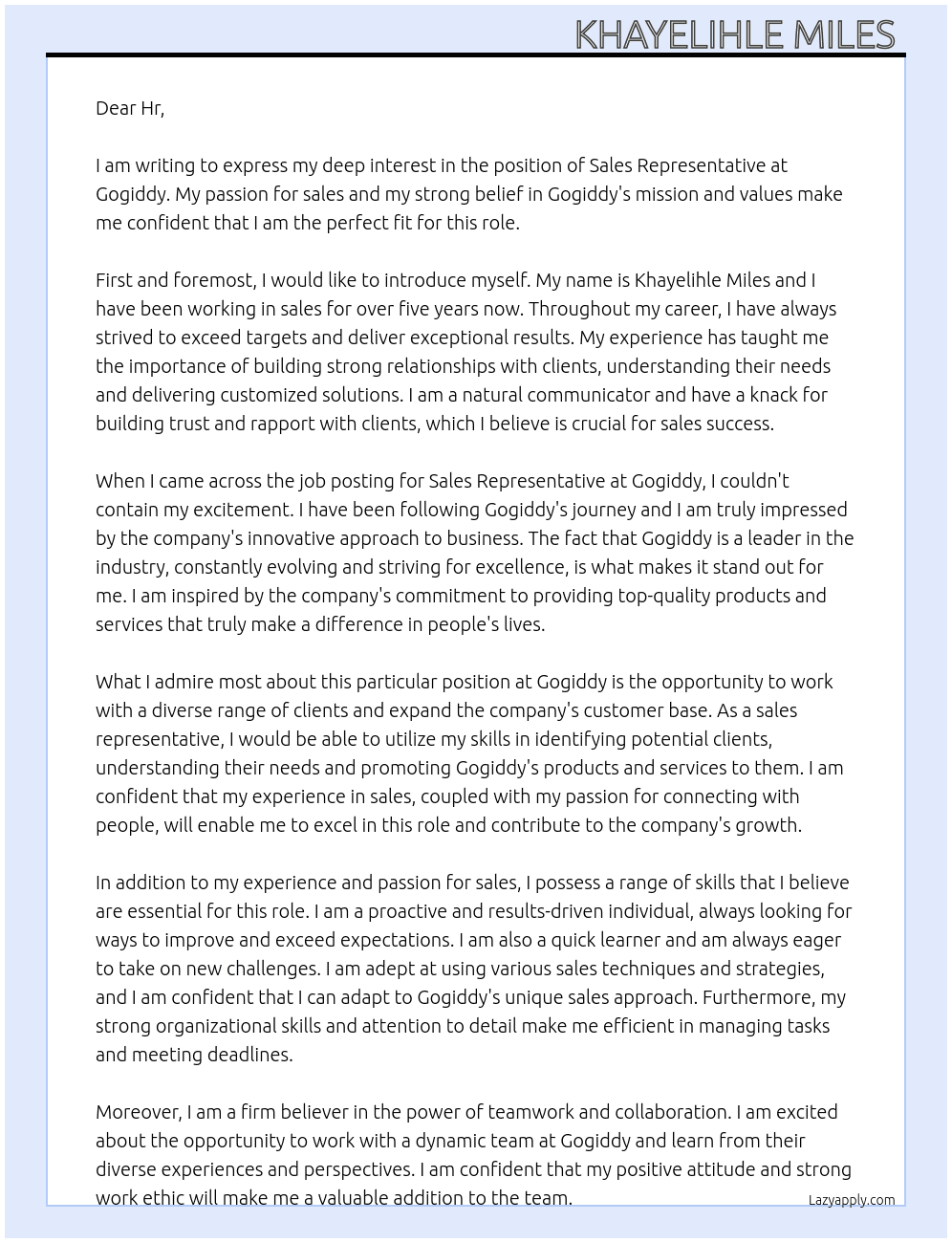 Sales representative  At Gogiddy Cover Letter