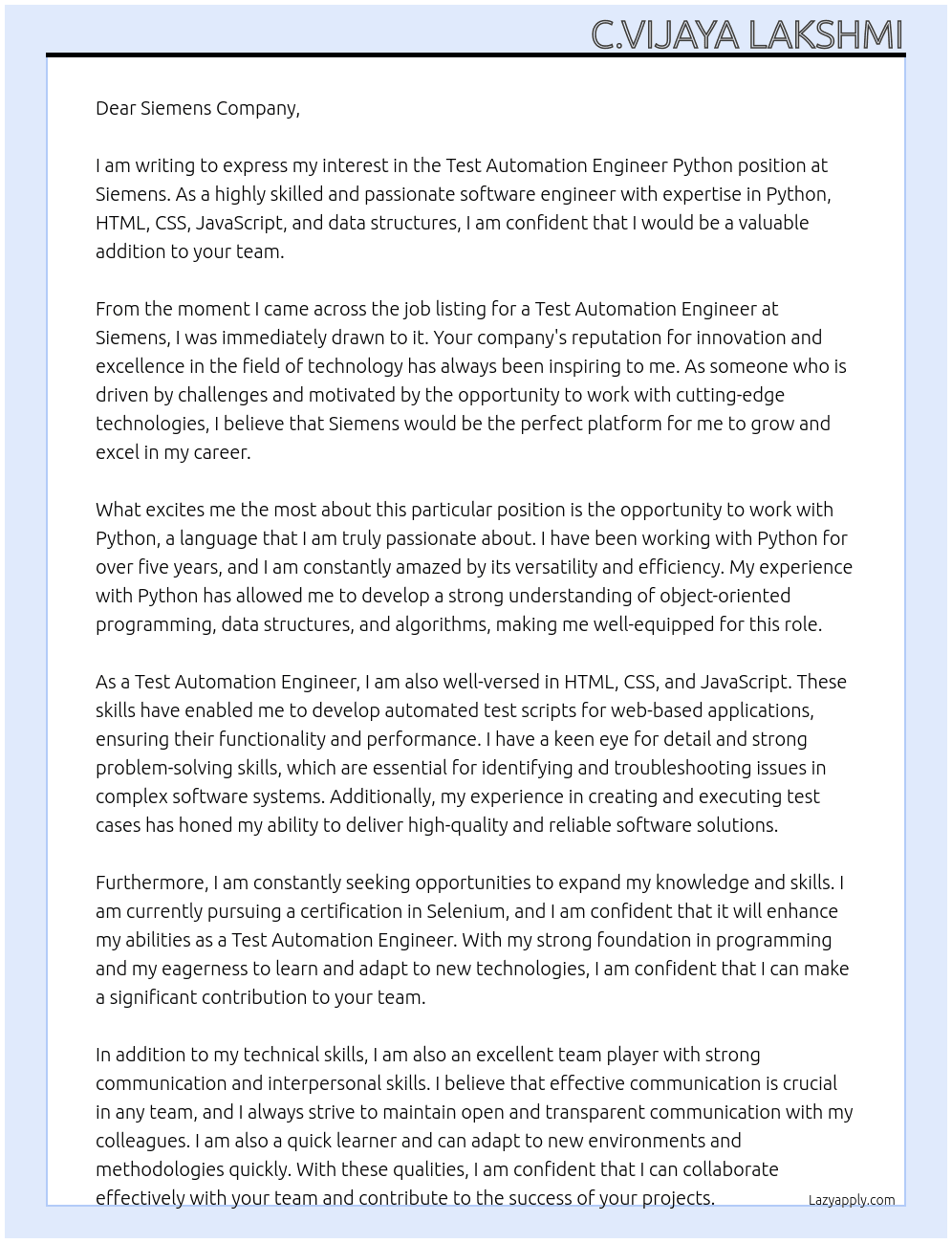 Test automation engineer python  At Siemes Cover Letter