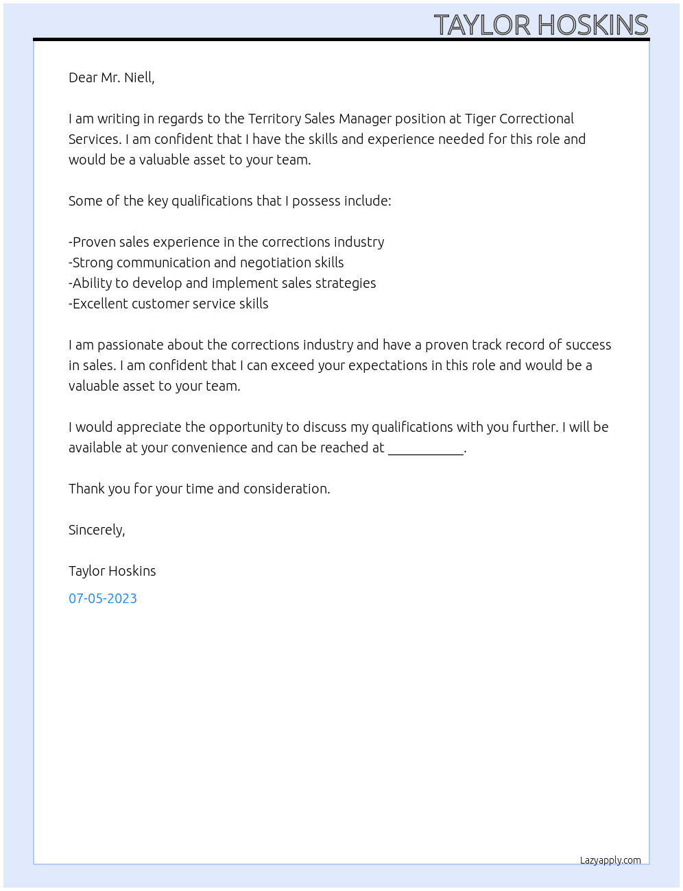 Territory Sales Manager At Tiger Correctional Services Cover Letter
