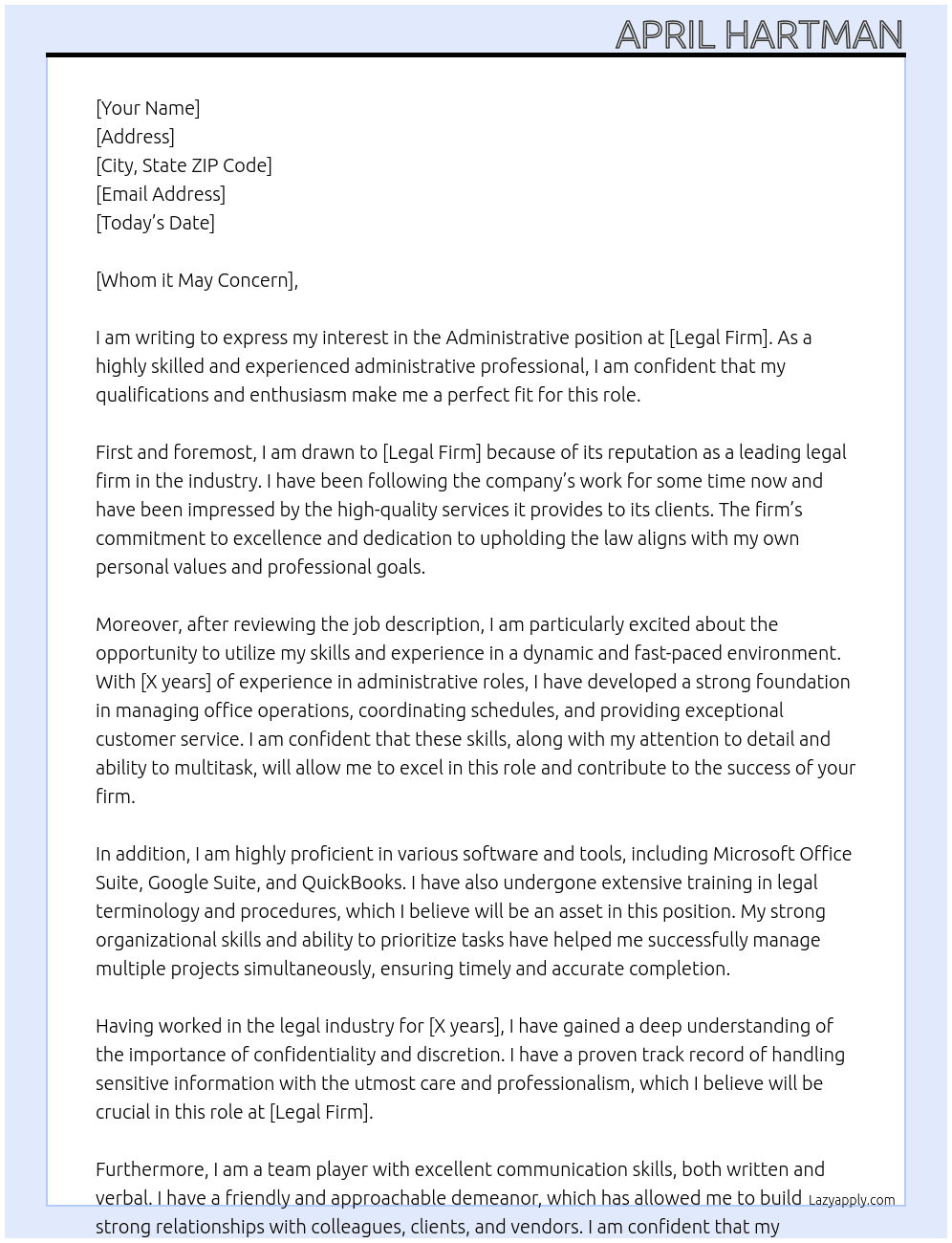 Administrative  At Legal firm Cover Letter