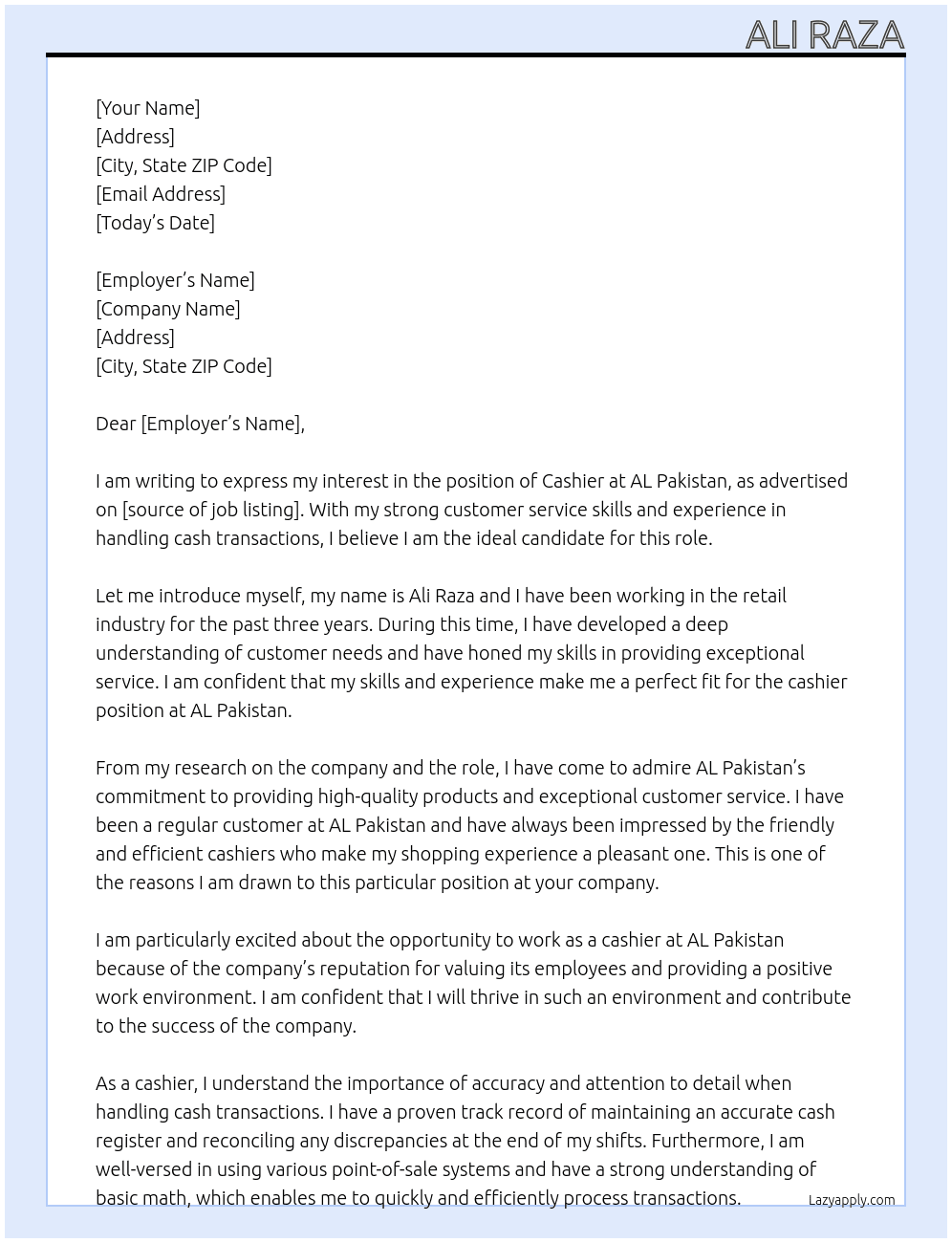 cashier At AL Pakistan Cover Letter