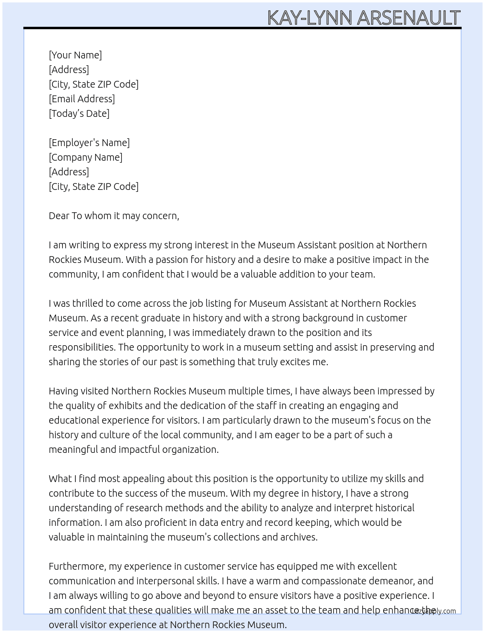 Museum Assistant At Northern Rockies Museum Cover Letter