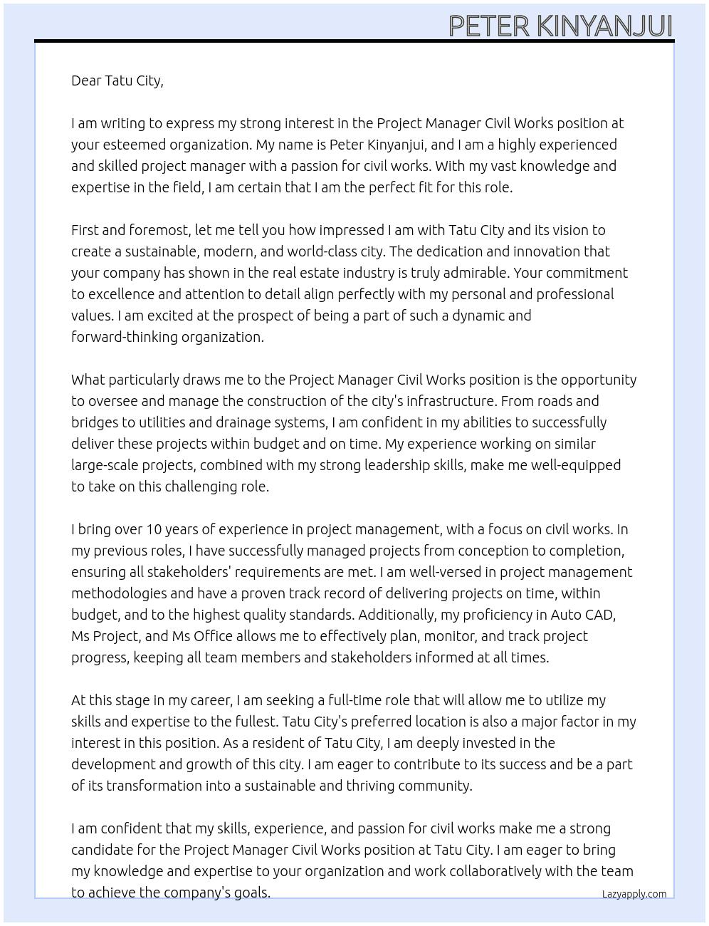 Project Manager Civil Works At Tatu City Cover Letter
