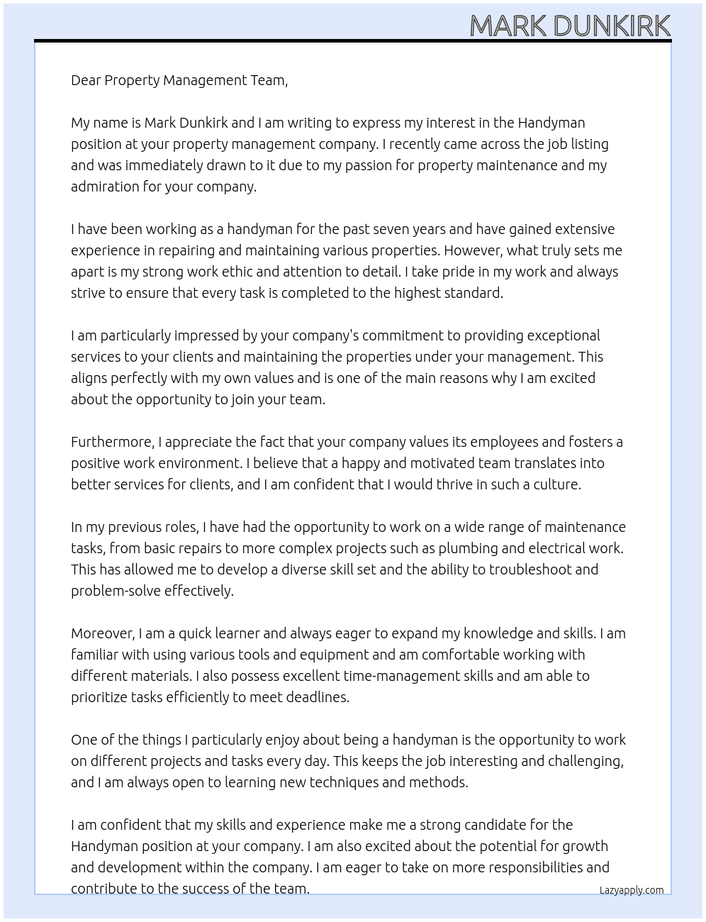 Handyman  At Property management  Cover Letter