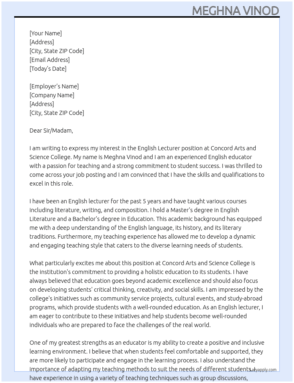 English lecturer At Concord arts and science college  Cover Letter