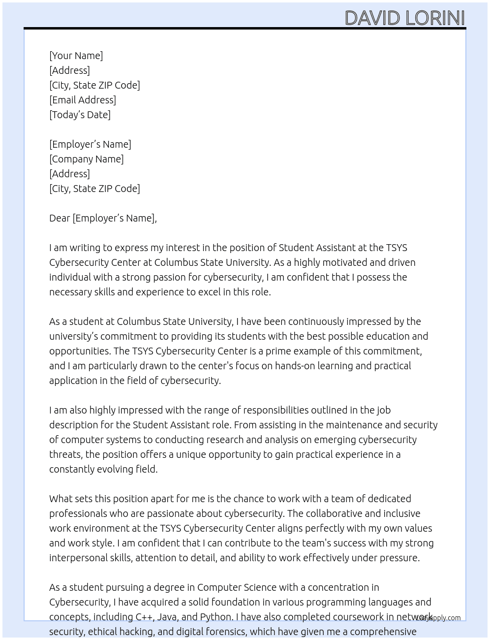 Student Assistant- TSYS Cybersecurity Center(Range) At Columbus State University Cover Letter