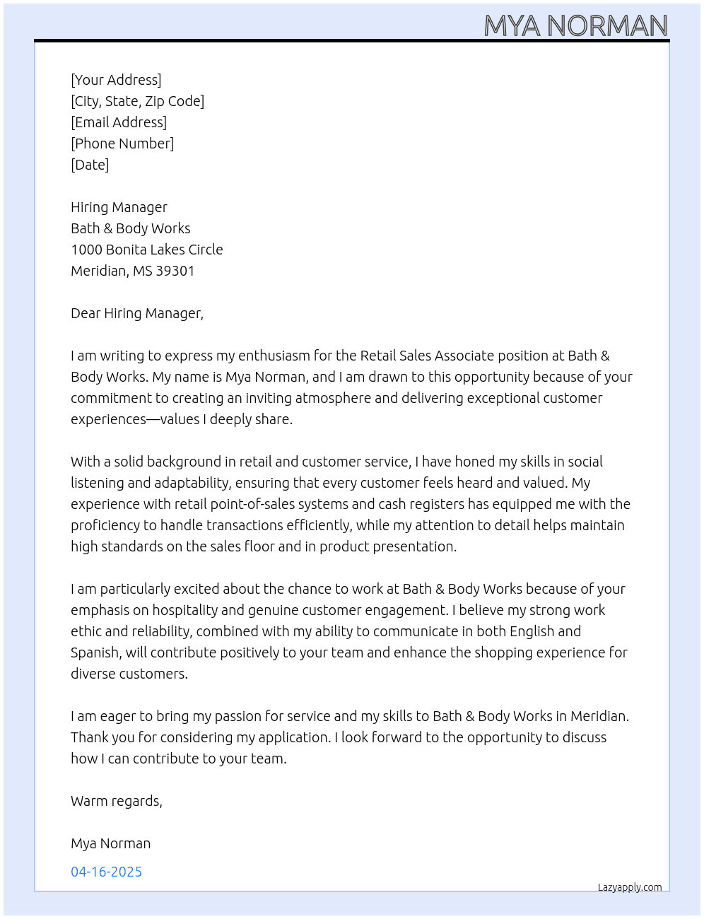 Retail Sales Associate  At Bath & Body Works Cover Letter