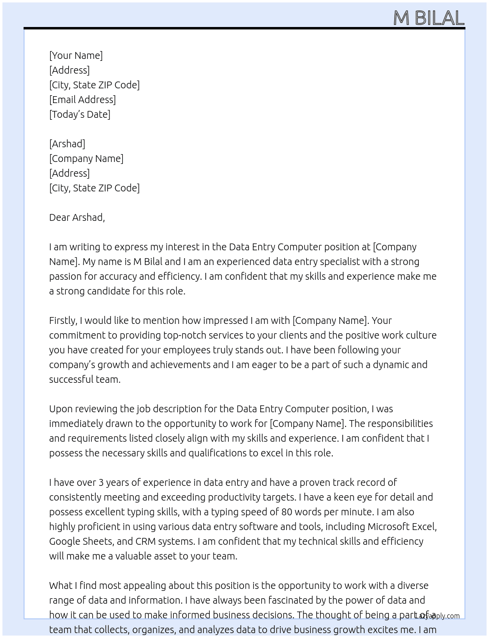 dat entry computer  At Arshad Cover Letter