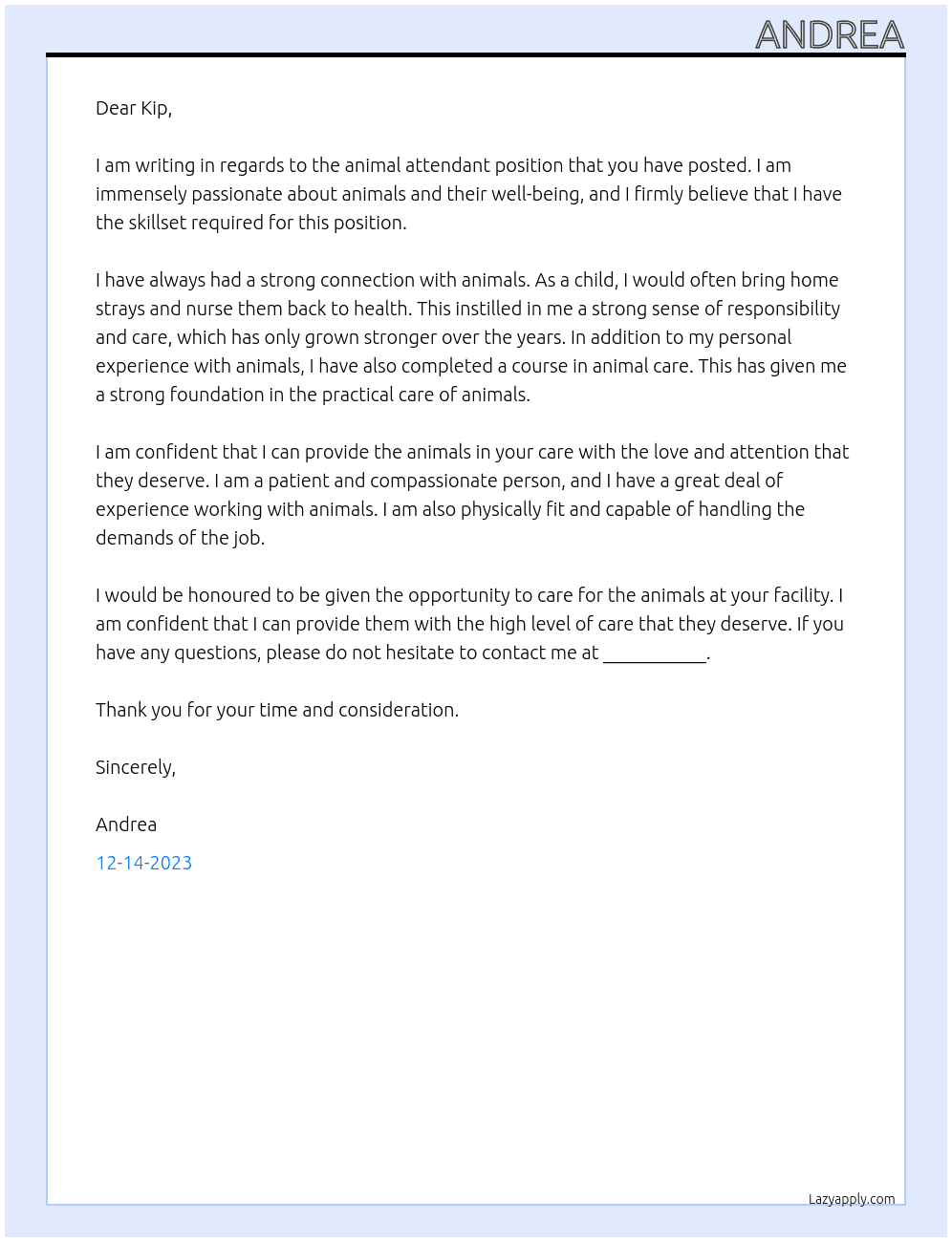 animal attendant At kip Cover Letter