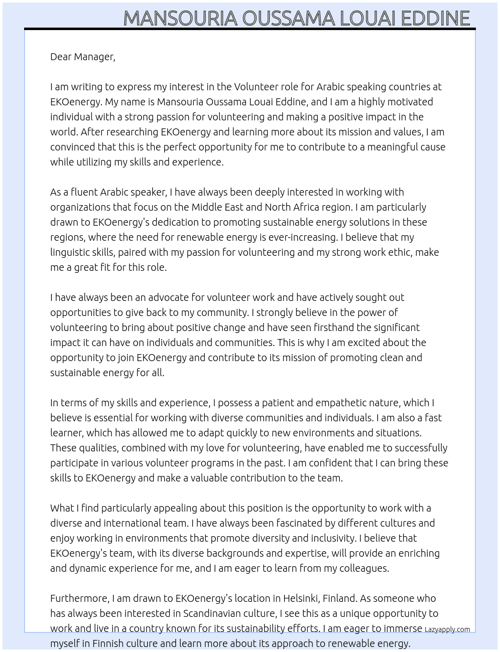 Volunteer in EKOenergy for Arabic speaking countries At EKOenergy  Cover Letter