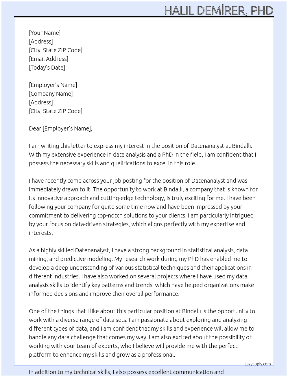 Datenanalyst At Bindallı Cover Letter