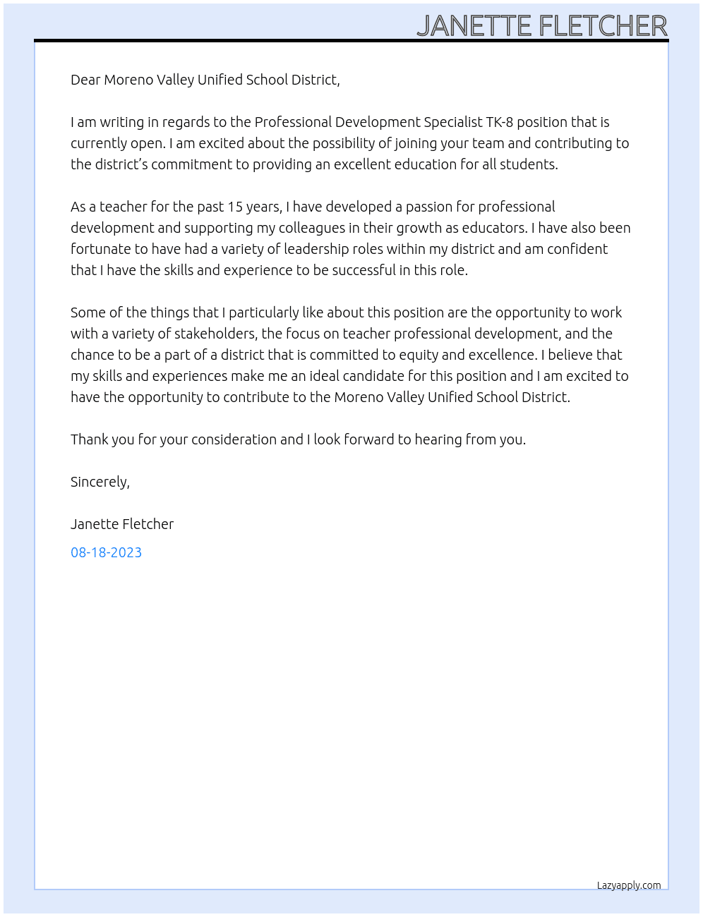 Professional Development Specialist TK - 8 At Moreno Valley Unified School District Cover Letter
