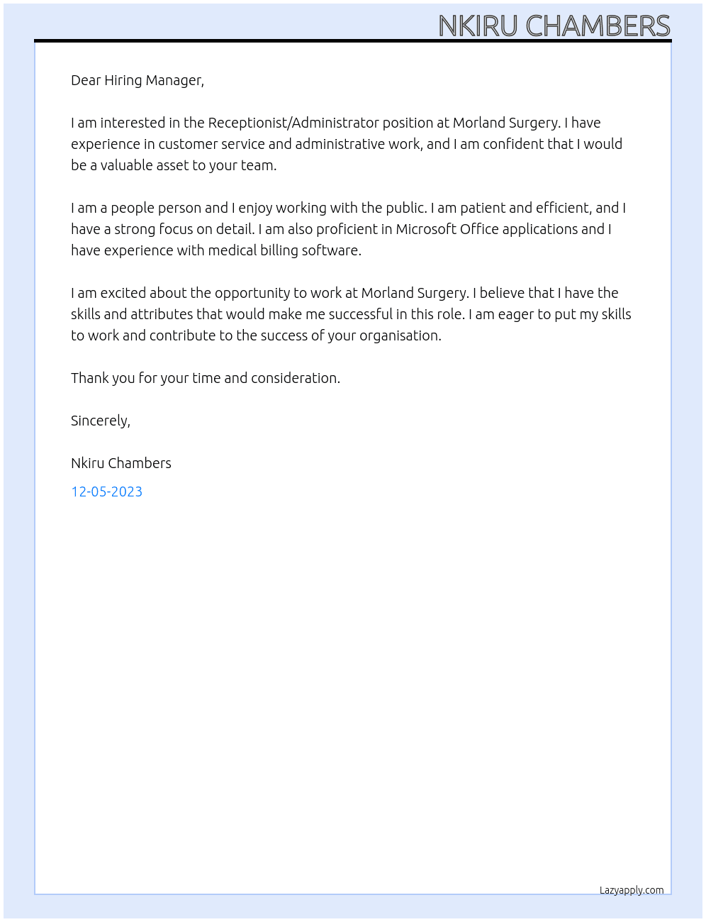 Receptionist/ Administrator  At Morland Surgery   Cover Letter