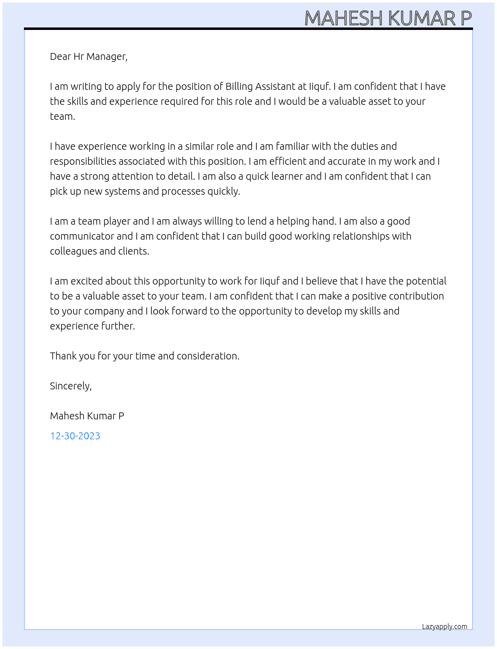 Billing Assistant At Iiquf Cover Letter