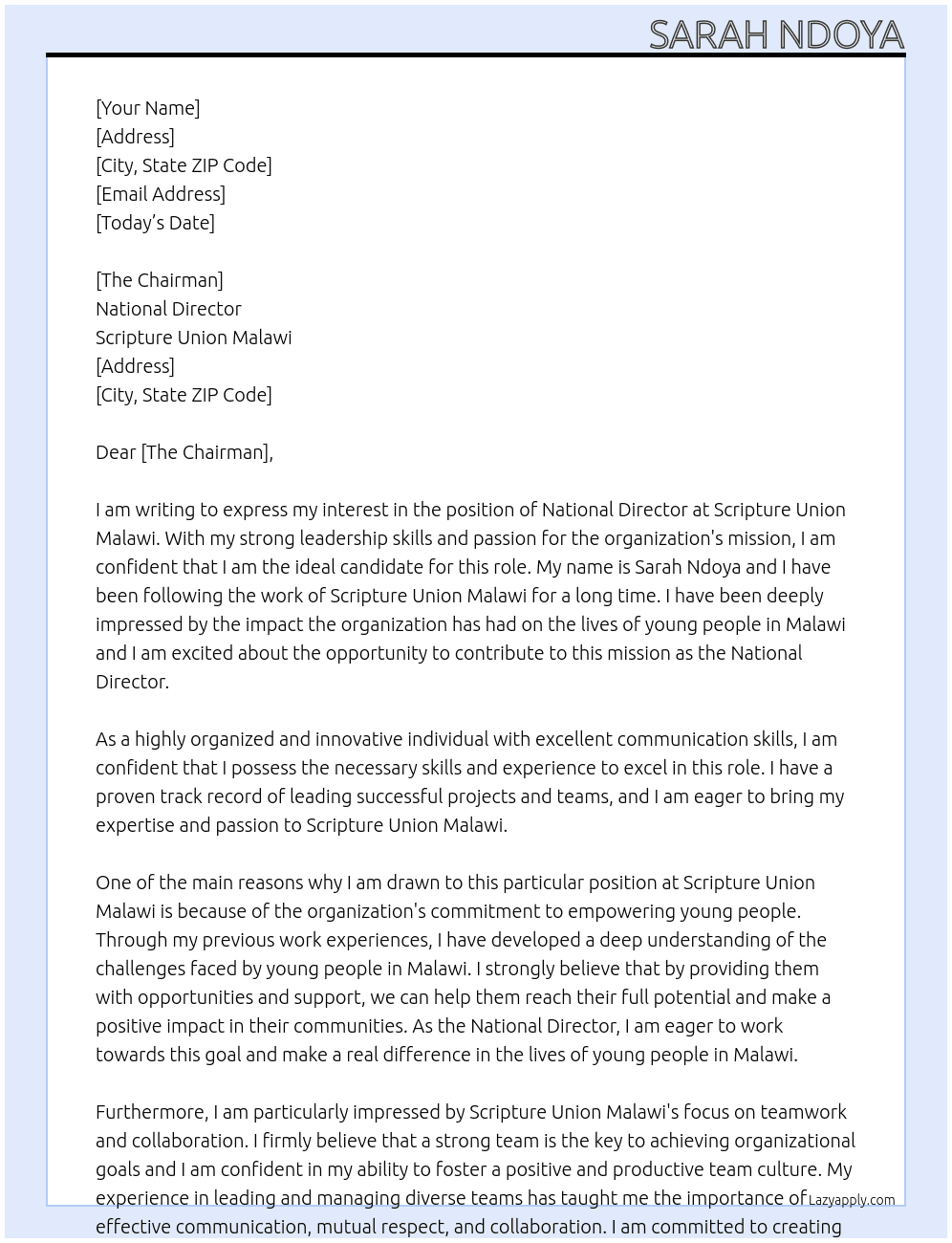 National Director  At Scripture Union Malawi  Cover Letter