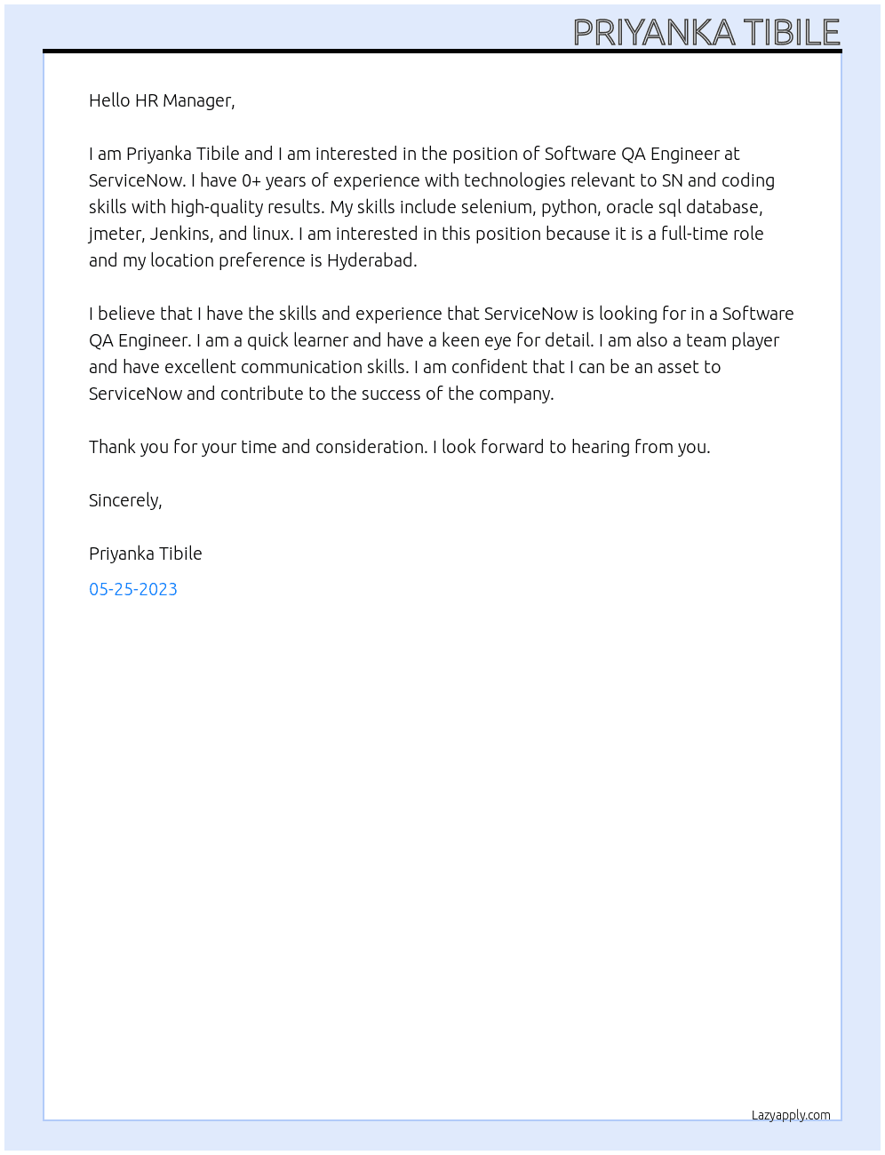 Software QA Engineer At ServiceNow Cover Letter