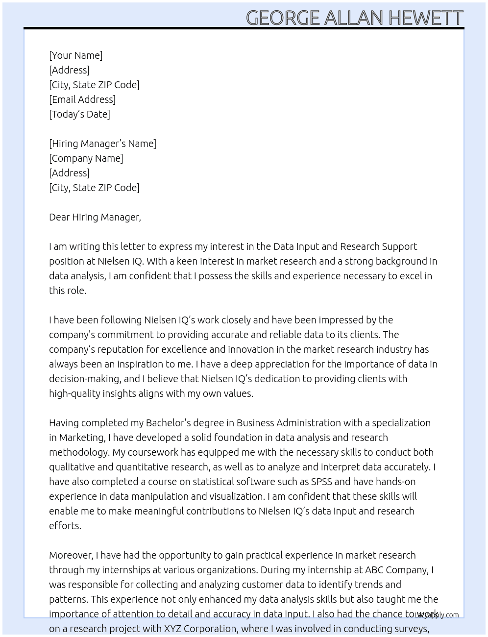Data Input and Research Support At Nielsen IQ Cover Letter