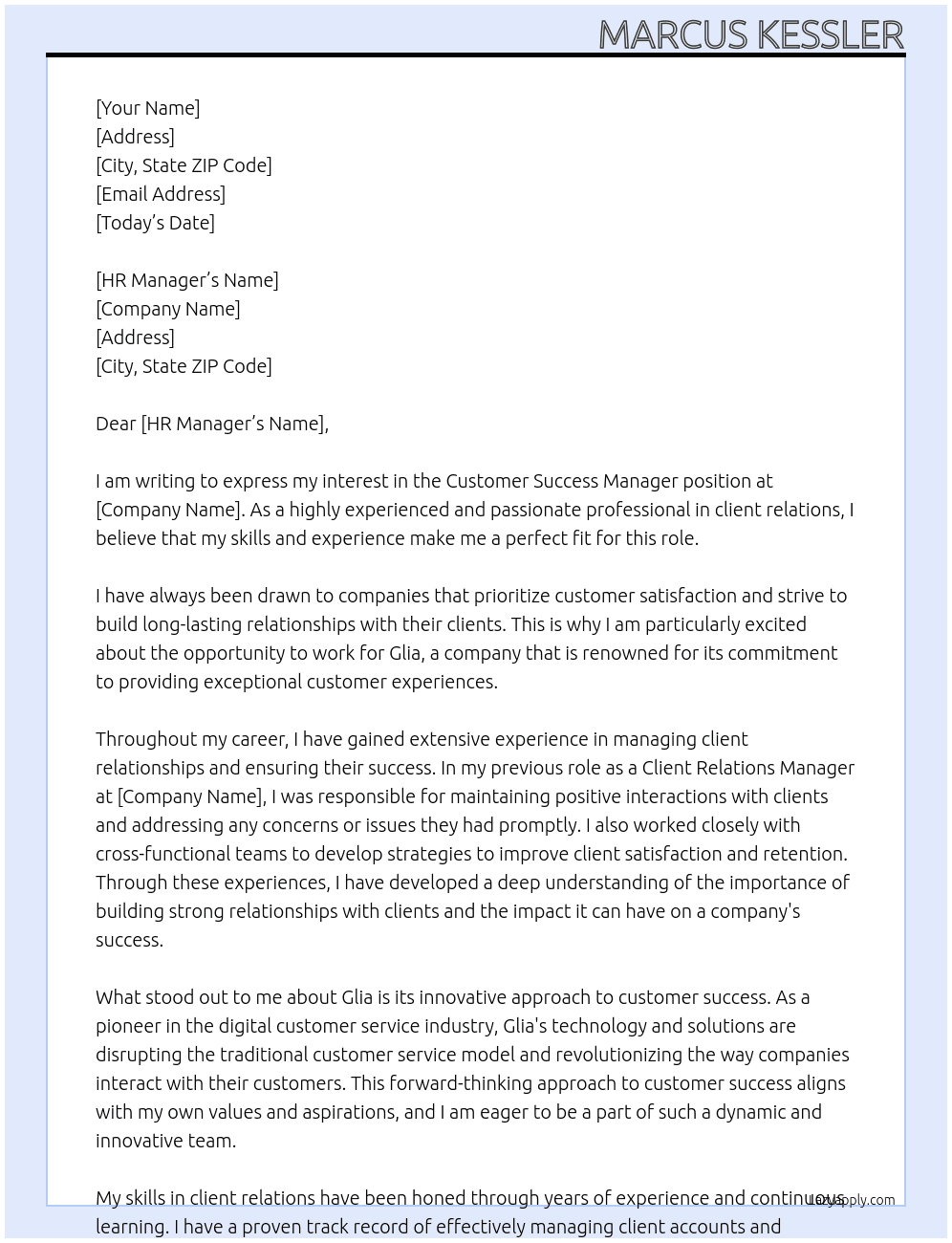 Customer Success Manager At glia Cover Letter